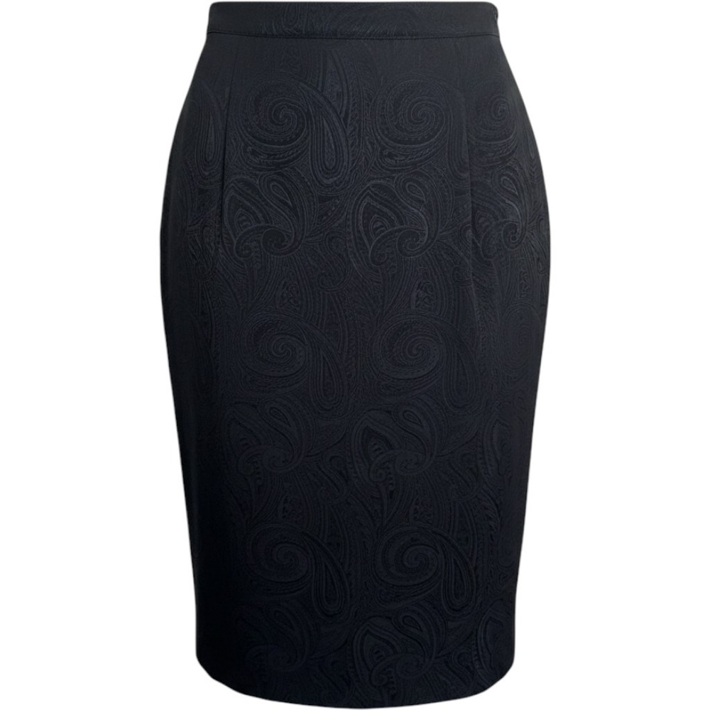 Vintage 100% Silk Black Paisley Midi Skirt Size 10 Minimalist Y2K Office Siren